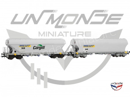 Set de 2 wagons-tr&eacute;mies c&eacute;r&eacute;aliers &agrave; 4 essieux, avec parois lat&eacute;rales lisses et bomb&eacute;es MILLET SNCF